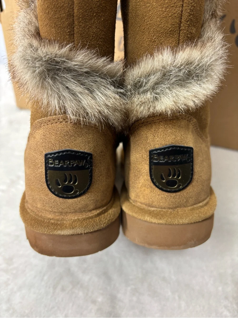 BearPaw Chestnut Suede Faux Fur Trim Tall Boots Size 5